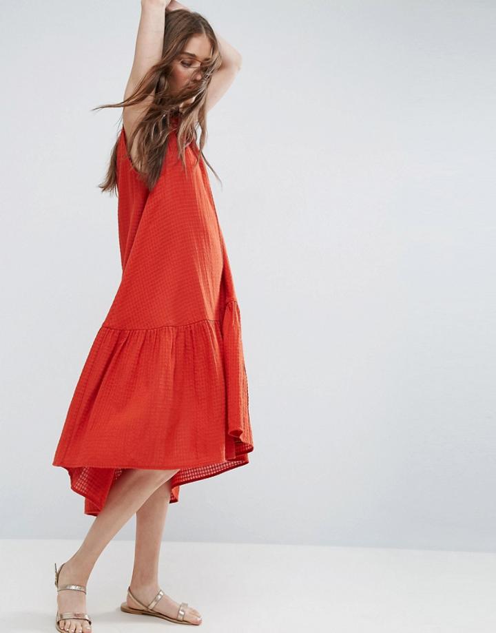 Asos Sleeveless Trapeze Midi Smock Dress In Grid Texture - Red
