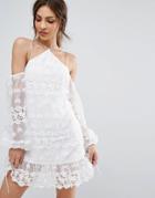 Prettylittlething Cold Shoulder Lace Dress - White