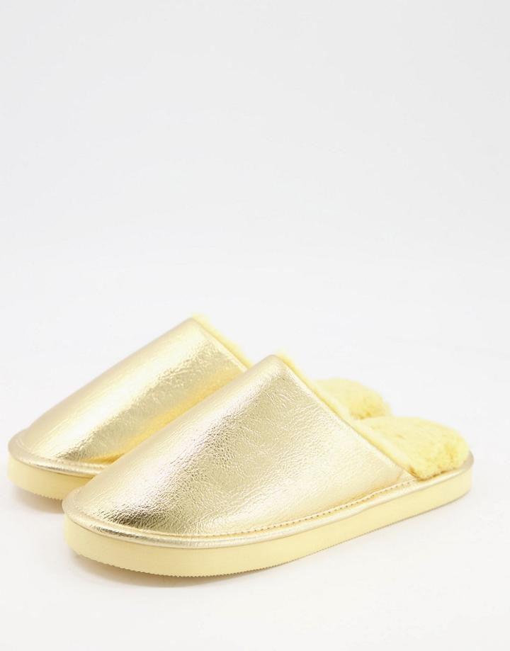 Monki Mule Faux Fur Slippers In Gold