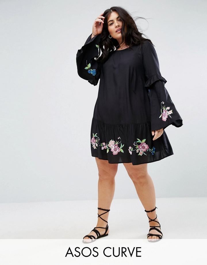 Asos Curve Ultimate Mini Embroidered Smock Dress - Black