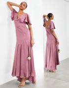 Asos Edition Satin Maxi Dress With Flutter Sleeves In Orchid-purple