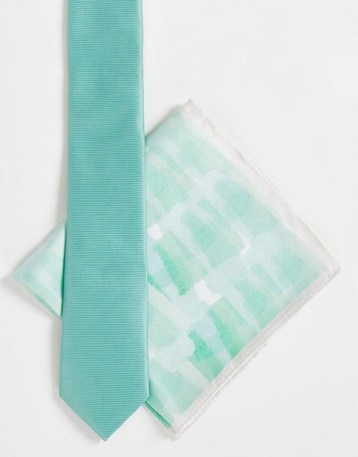 Noak Slim Tie In Sage Green With Abstract Print Pocket Square And Lining