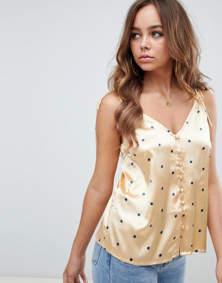 Asos Design Tie Shoulder Satin Cami With Button Detail In Star Print-multi