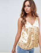 Asos Design Tie Shoulder Satin Cami With Button Detail In Star Print-multi