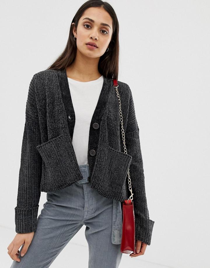 Qed London Chenille Pocket Cardigan - Gray