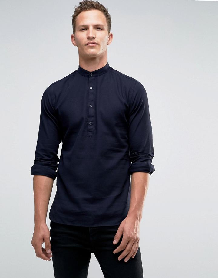 Jack & Jones Premium Grandad Shirt In Slim Fit - Navy
