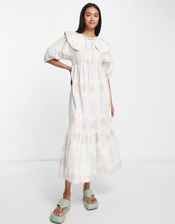 Damson Madder Vase Print Collared Midi Dress In Multi
