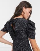 Asos Design Ruched Sleeve Top In Polka Dot With Tie Back Detail-multi