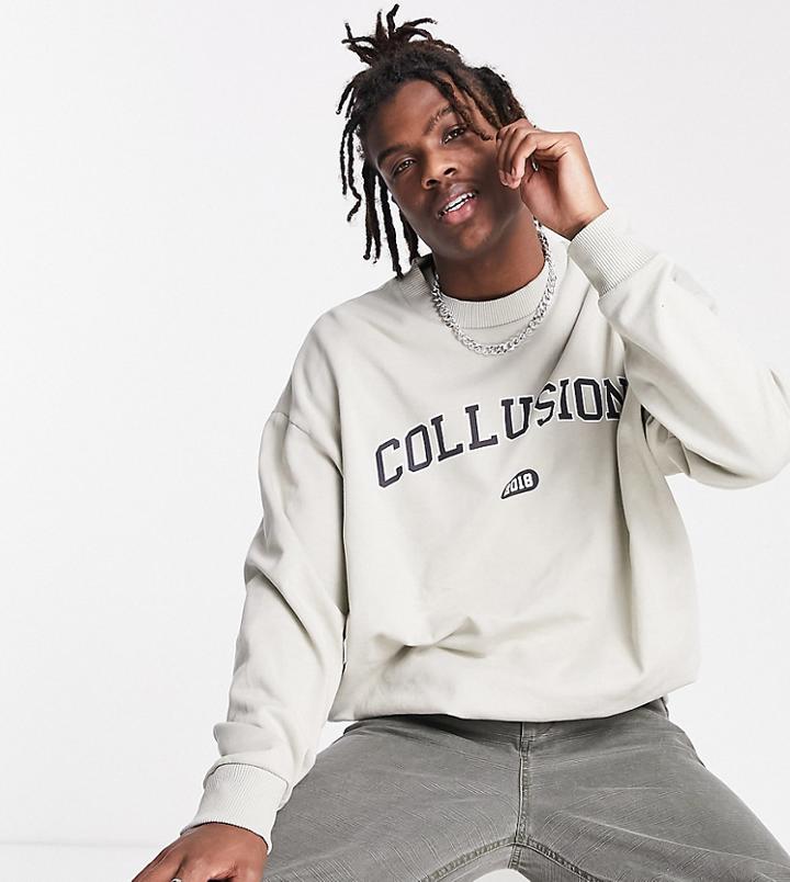 Collusion Sweatshirt With Varsity Print In Stone-neutral