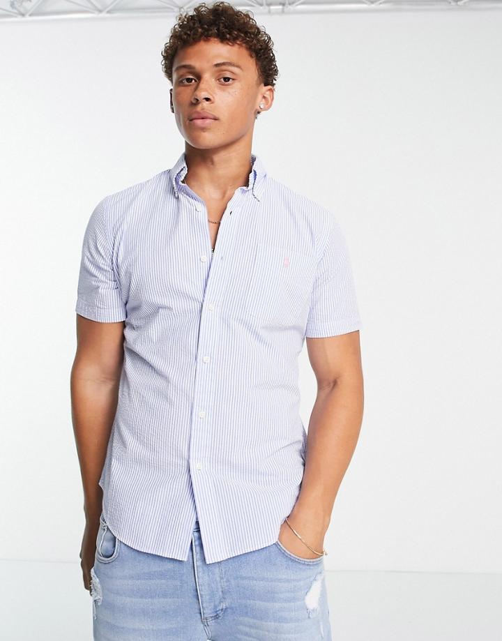 Polo Ralph Lauren Icon Logo Short Sleeve Stripe Seersucker Shirt Custom Regular Fit In Light Blue/white