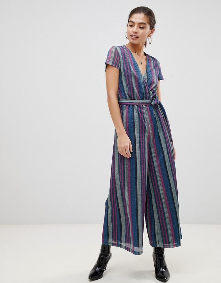 Unique21 Short Sleeve Glitter Striped Jumpsuit - Multi
