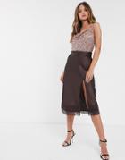 Vero Moda Satin Midi Skirt With Side Split And Lace Detail In Chocolate-brown