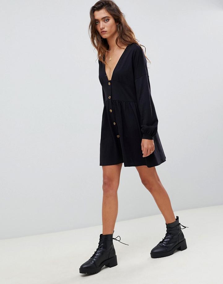 Asos Design Long Sleeve Smock Dress With Buttons And Waist Panel-black