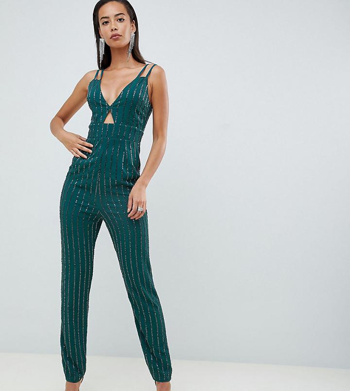 Asos Design Tall Cami Jumpsuit With Peg Leg And Cut Out In Scatter Embellishment - Blue