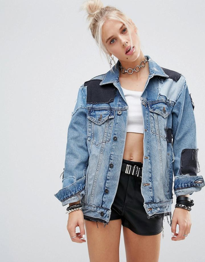 The Ragged Priest Patchwork Oversize Denim Jacket - Blue