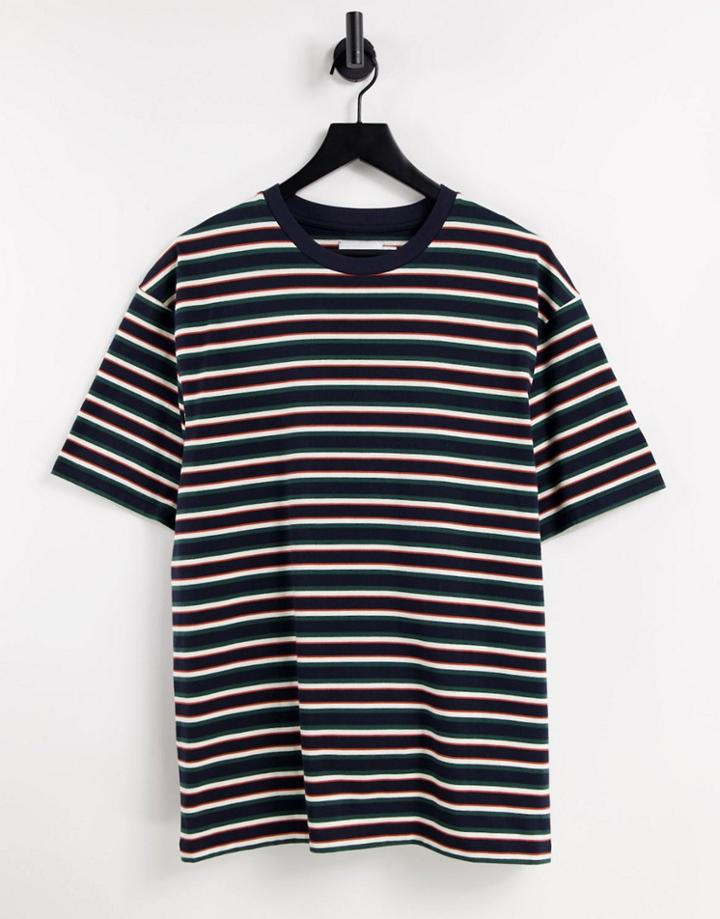 Topman Oversized T-shirt Stripe In Green And Orange-multi