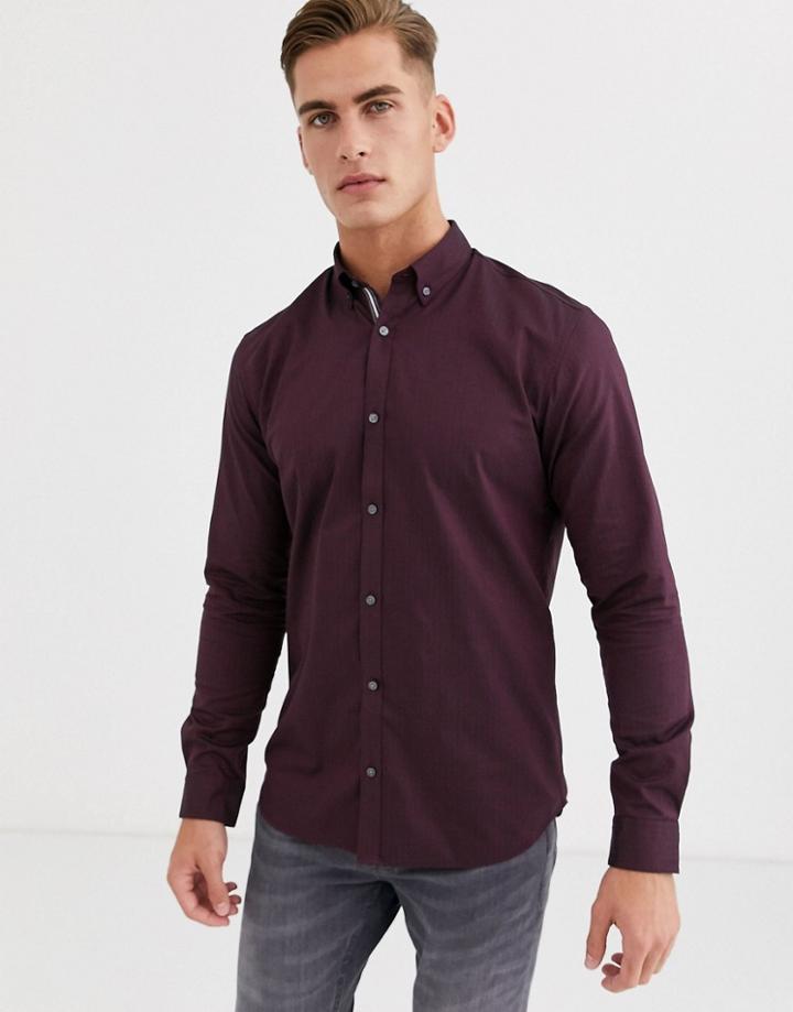 Jack & Jones Premium Slim Fit Herringbone Button Down Shirt In Burgundy