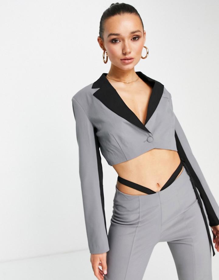 Extro & Vert Cropped Fitted Blazer With Contrast Panels - Part Of A Set-gray