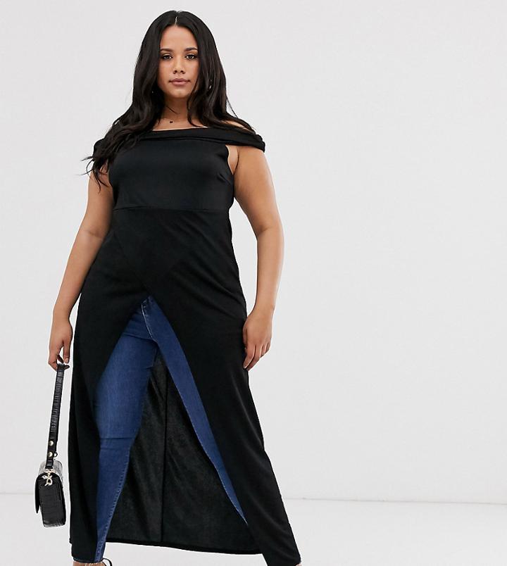 Simply Be Bardot Split Front Maxi Top In Black - Black