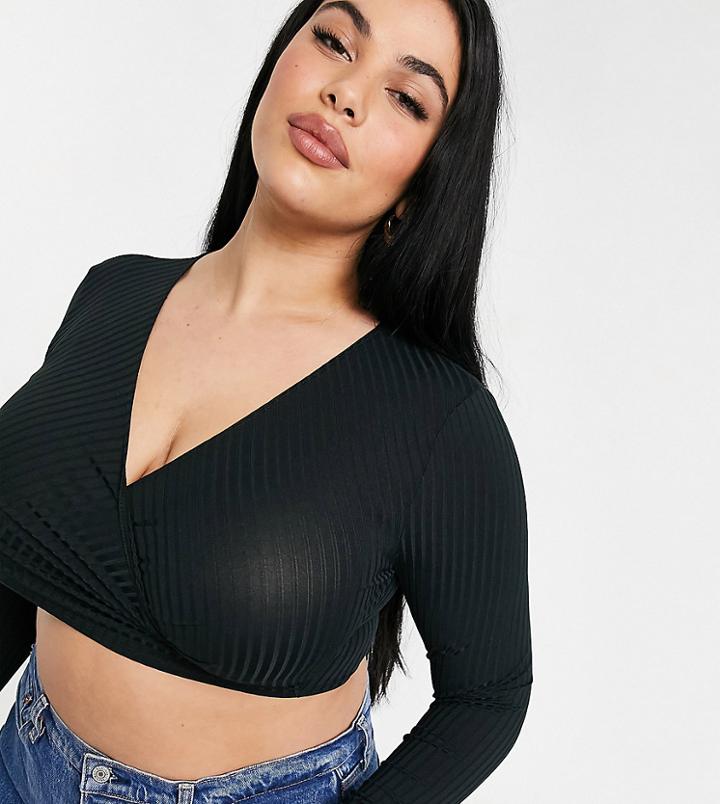 Flounce London Plus Long Sleeve Wrap Top In Black