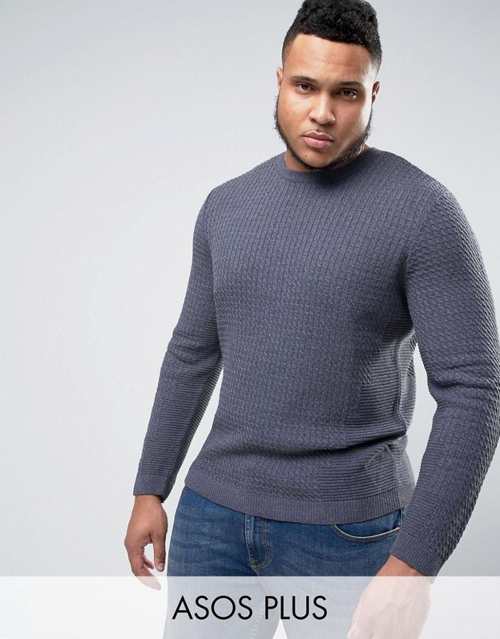 Asos Plus Cable Knit Sweater With Rib Detail - Blue