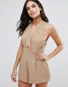Love Halterneck Romper With Pleated Bust - Beige