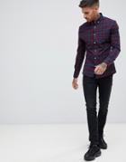 Asos Design Skinny Check Shirt In Navy & Burgundy - Red
