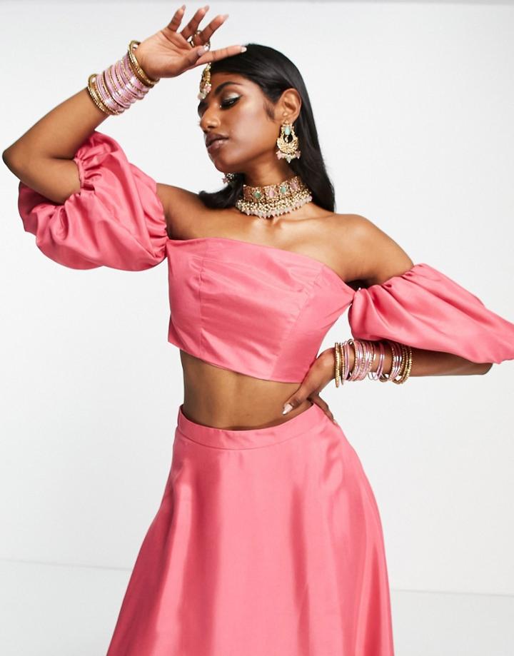 Asos Design Satin Lehenga Top In Bright Pink - Part Of A Set