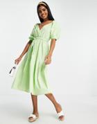 Influence Puff Sleeve Tiered Midi Dress In Lime Green