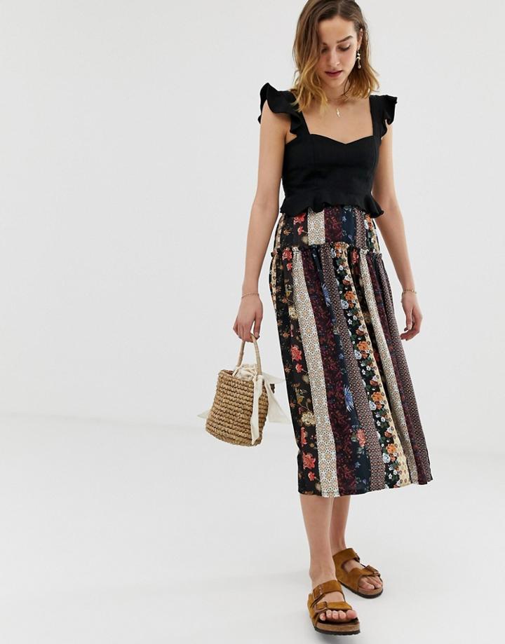 Asos Design Mixed Scarf Print Prairie Midi Skirt - Multi