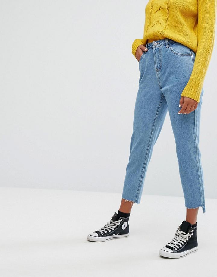 Noisy May Uneven Hem Croped Jeans - Blue