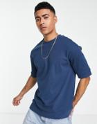 Threadbare Short Sleeve Waffle Sweatshirt In Ocean Blue - Part Of A Set-navy