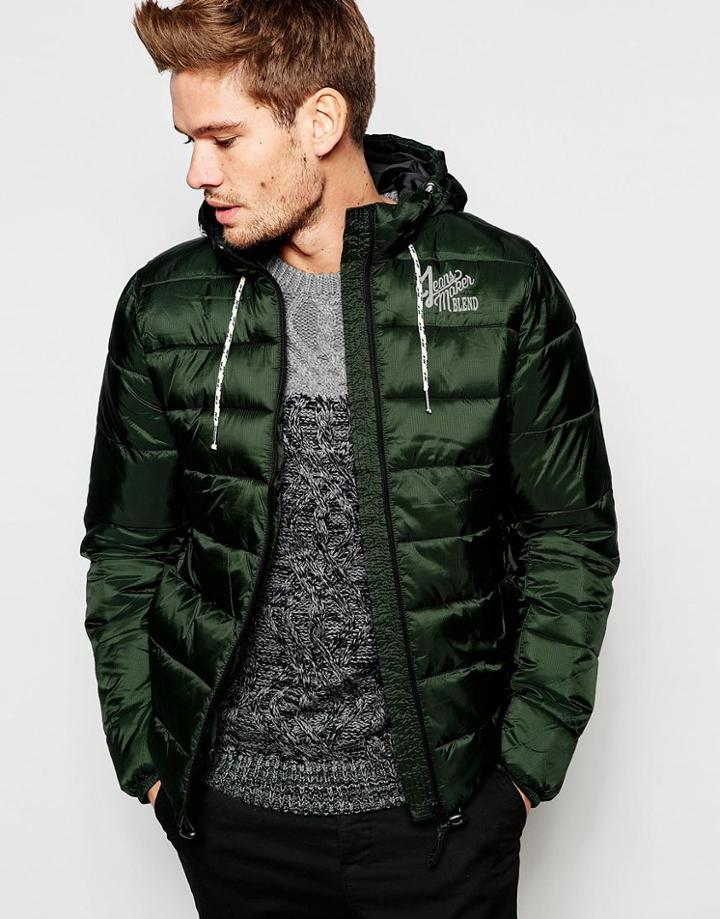 Blend Quilted Hooded Nylon Jacket In Green - Duffel Bag Green