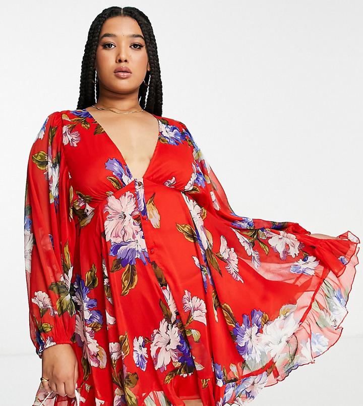 Asos Design Curve Button Detail Mini Dress With Blouson Sleeve In Red Floral-multi