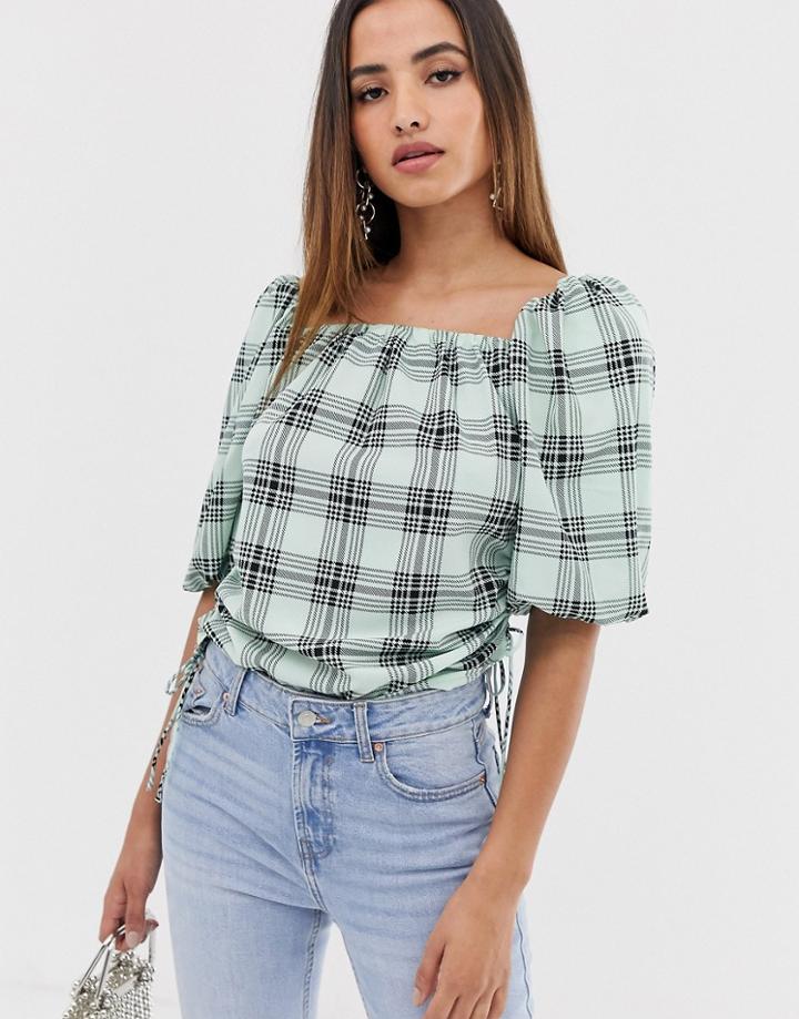 Asos Design Puff Sleeve Top In Check Print-multi