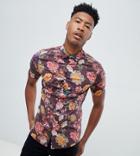 Asos Design Tall Floral Print Shirt In Red - Red