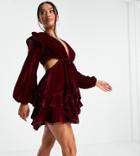 Asos Design Petite Mini Dress With Circle Trim In Velvet In Berry-red