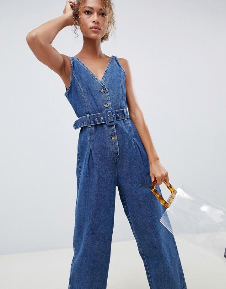 Asos Design Denim Button Through Jumpsuit In Midwash Blue - Blue