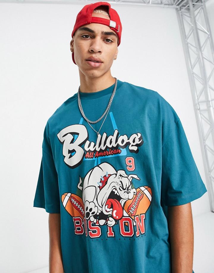 Asos Design Oversized T-shirt In Teal Green With Bulldog Front Print-blue