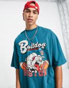Asos Design Oversized T-shirt In Teal Green With Bulldog Front Print-blue