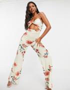 Asos Design Strappy Cut-out Satin Jumpsuit In Rose Print-multi