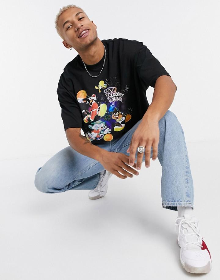 Asos Design Oversized T-shirt With Looney Tunes Basketball Print In Heavyweight Jersey-black