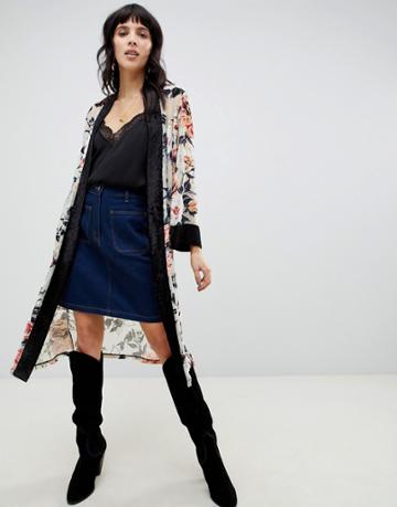 Rd & Koko Floral Velvet Longline Kimono - Gray