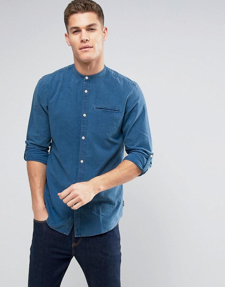 Jack & Jones Originals Shirt In Regular Fit Denim With Grandad Collar - Blue