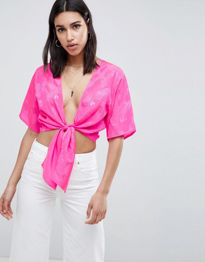 Asos Design Tie Front Top In Jacquard - Red