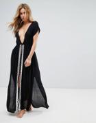 Liquorish Split Front Embroidered Maxi Beach Dress - Black