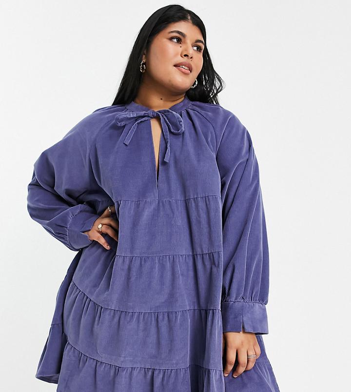 Asos Design Curve Tiered Cord Mini Smock Dress In Blue
