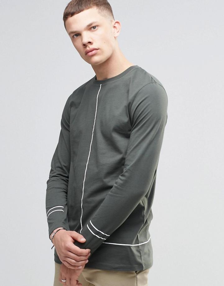 Asos Longline Long Sleeve T-shirt With Line Print - Black