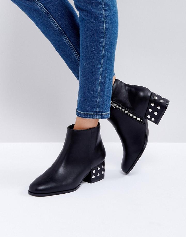 London Rebel Silver Stud Kitten Heel Ankle Boot - Black