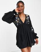 Asos Design Button Through Embroidered Romper In Black